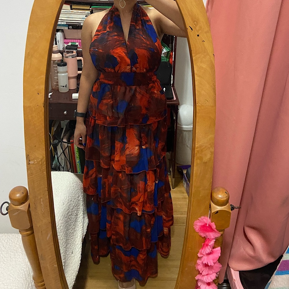 Tian Cheng Chuxia Halter Top Maxi Dress (Red, Blue, Size Large)